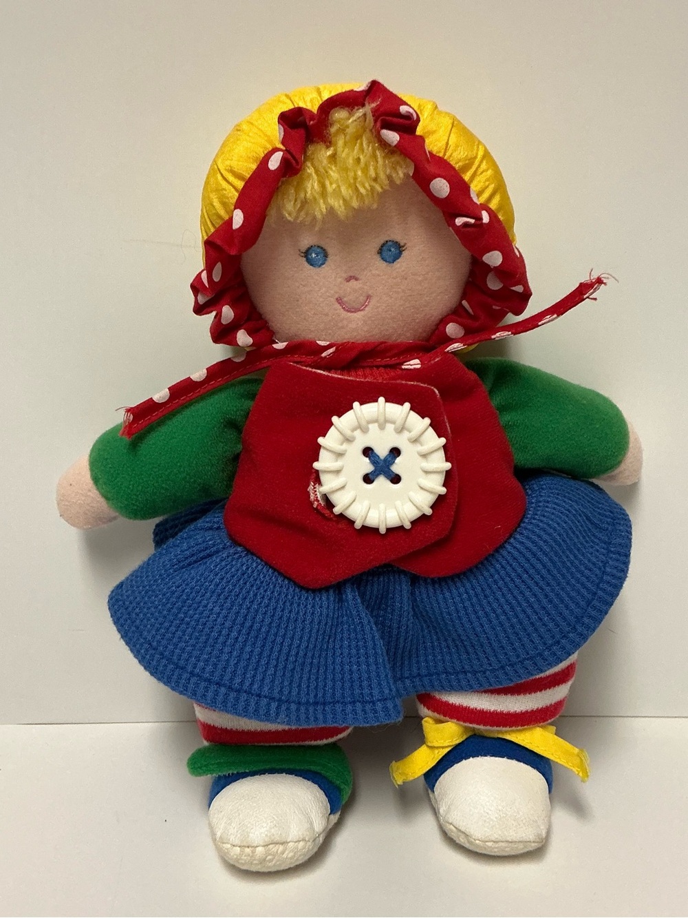 Vintage Eden Baby Doll Plush Primary Colors Learning Toy Button Tie Rattle 10"